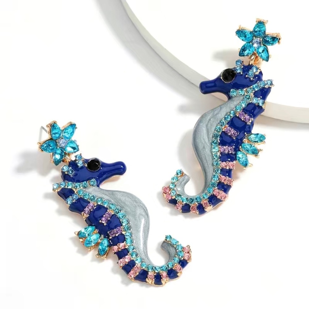 Seahorse Earrings Blue Enameled Rhinestones - Picture 3 of 6